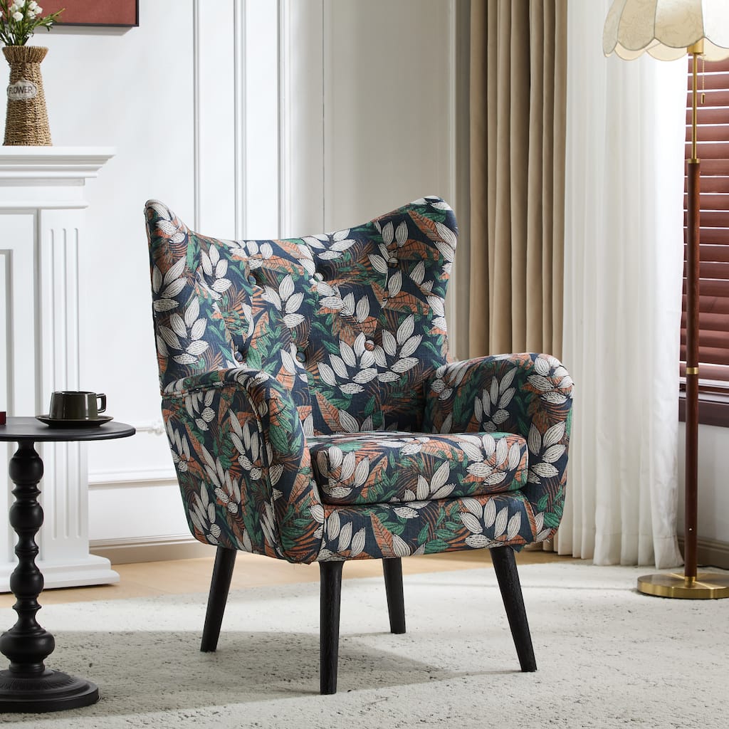 Roomfitters Tufted Wingback Accent Armchair, Tropical Pattern Upholstered Fabric Chair, Modern Living Room Seating, Multicolor