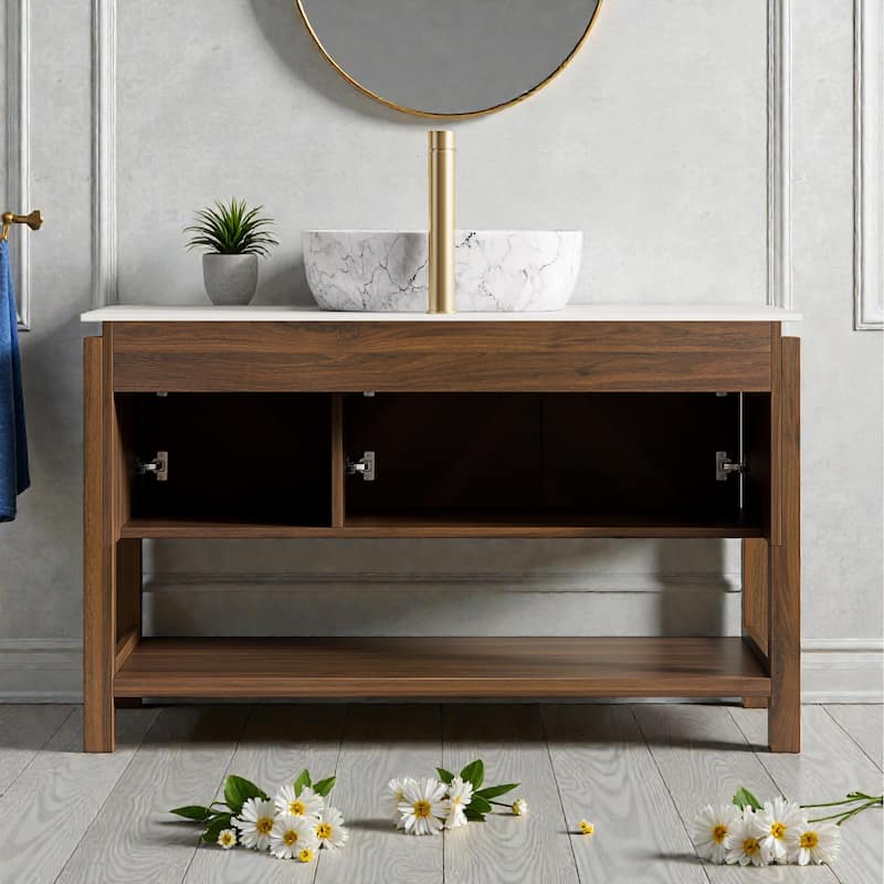 48" Freestanding Bathroom Vanity with Marble Pattern Vessel Sink, Carrara White Sintered Stone Top & Solid Wood Striped Doors