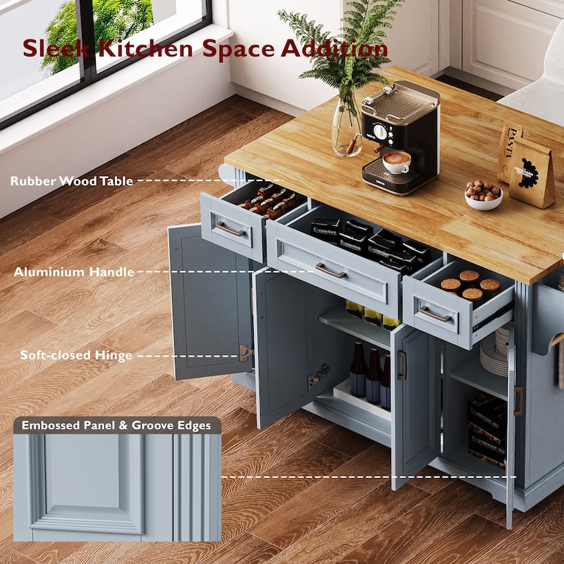 54" Wood Rolling Kitchen Island with Drop Leaf,4 Doors and 3 Drawers