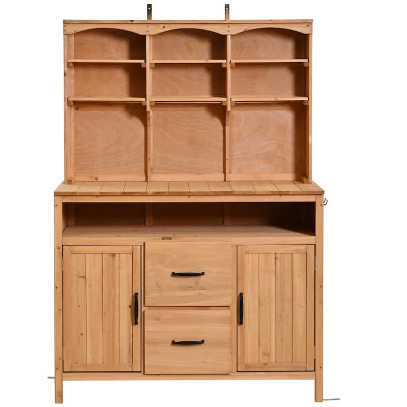 45" Fir Wood Outdoor Potting Bench with Hutch, Cabinets, and Drawers