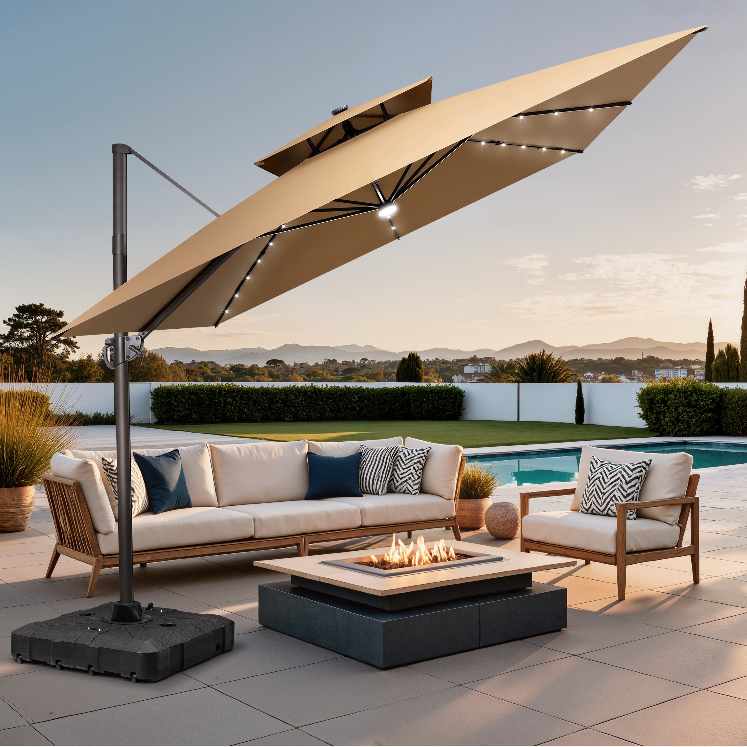 11 FT Square Outdoor Patio Cantilever Umbrella with Solar Lights All-Weather Wheeled Base Double Canopy 360 Rotation Tilt