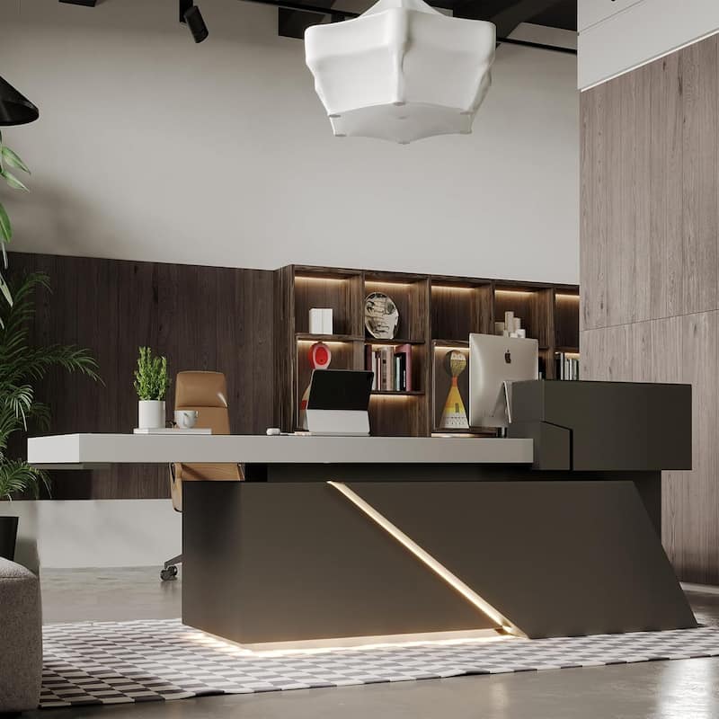 WESOME L Shaped Executive Desk with Cable Box Socket and LED Light for Home Office