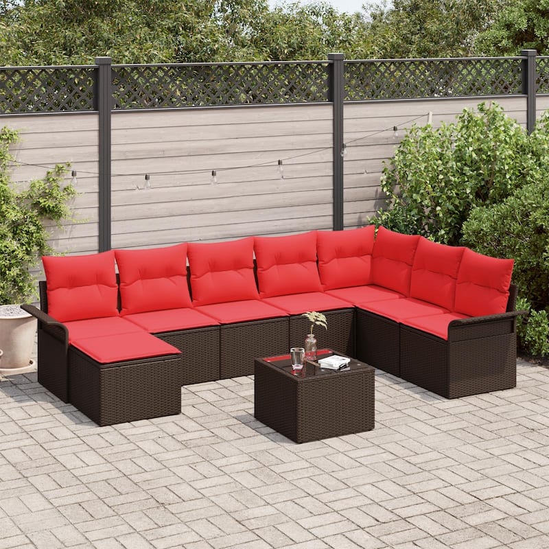 vidaXL 8/9 Garden Sofa Set with Cushions Black/Brown/Grey Poly Rattan - 117.1 x 73.8 x 27.2 - Brown with table