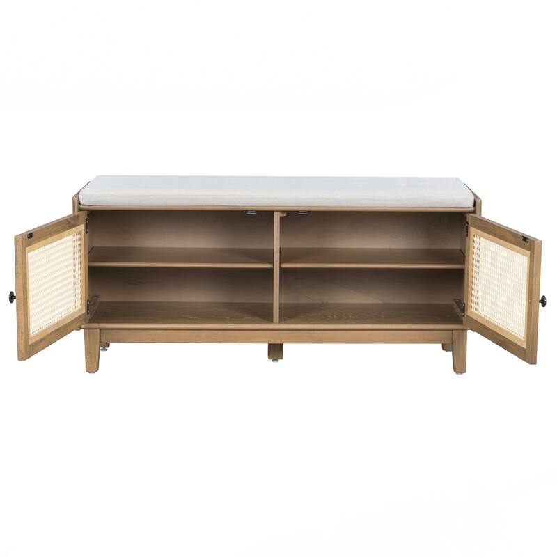 Rattan Entryway Bench with Storage, Cushioned Shoe Bench with Double Doors - Brown