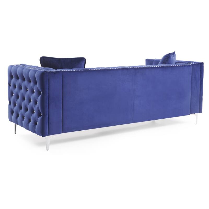 Tufted Faux Diamond Button Velvet 3-Seater Sofa with Throw Pillows - 86" - Blue