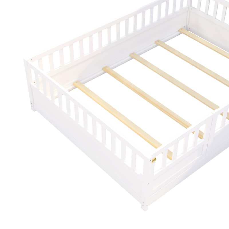 Full Size Pine Wood Floor Bed with Full-Length Guardrail and Door