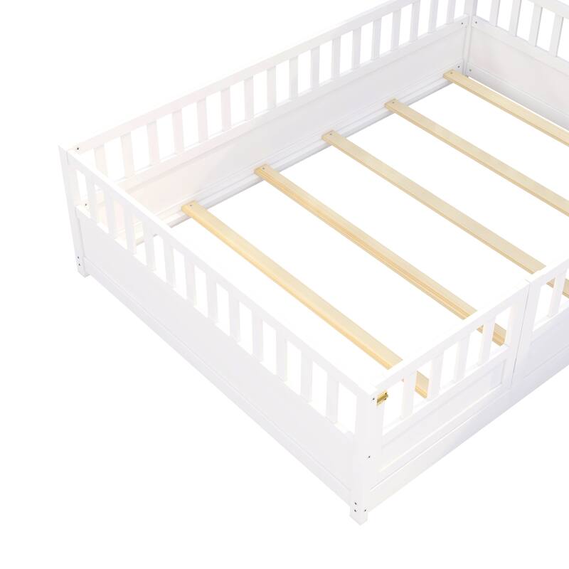 Pine Wood Floor Bed with Full-length Guardrail and Door for Kids, Adults