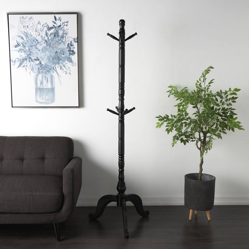 Wood 7 or 8 Hanger Coat Rack with Scrolled Feet and Leaf Carvings - Black or White - Roche River Decor