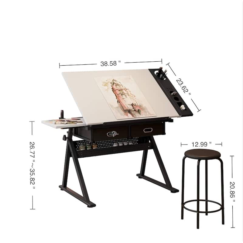 Adjustable drawing drafting table desk with 2 drawers for home office and school with stool