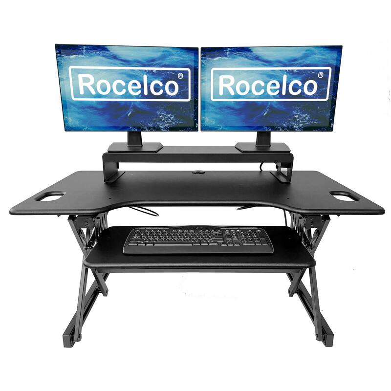 Rocelco 46 in. W Black Height Adjustable Standing Desk Converter with Double Monitor Mount Stand and Deep Keyboard Tray