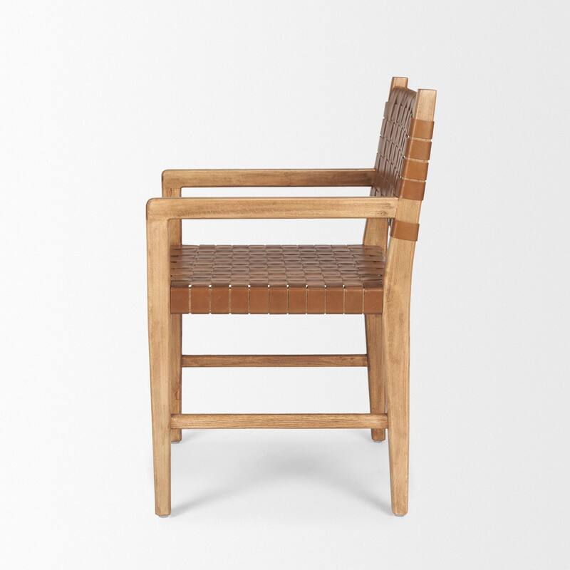 Shane Brown Wood w/ Woven Brown Leather Dining Armchair - 21.0L x 21.5W x 33.3H