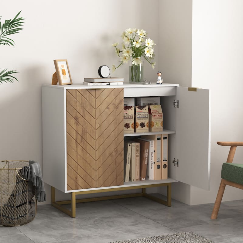 White and Gold Storage Cabinet with 2 Doors, Modern Buffet Sideboard Cabinet, Kitchen Buffet Cabinet