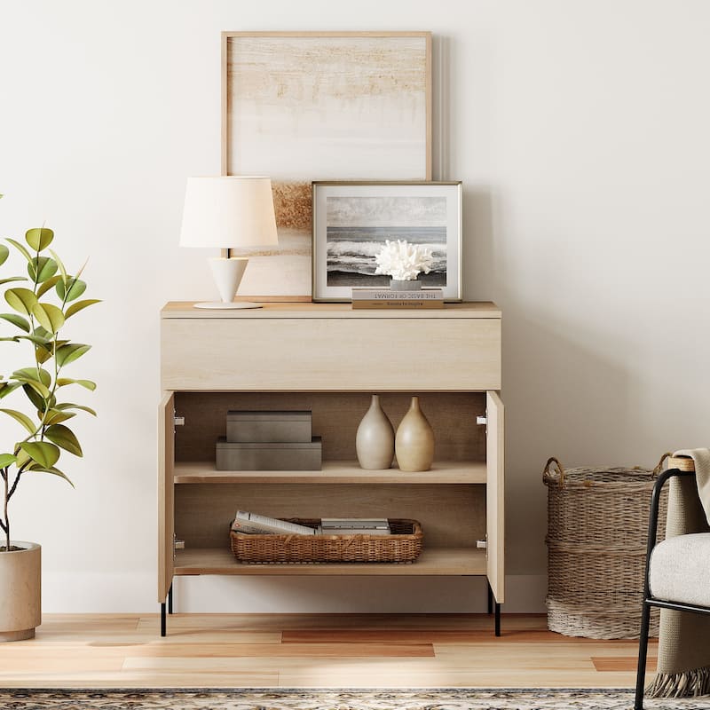 31.5" Wooden Reeded Sideboard With Doors And Drawer, Modern Credenza Storage Cabinet