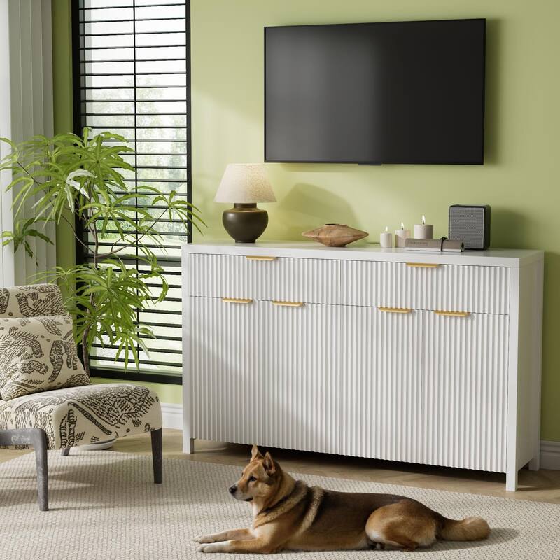 55"Fluted Sideboard Buffet Cabinet with Storage Drawers and Adjustable Shelves