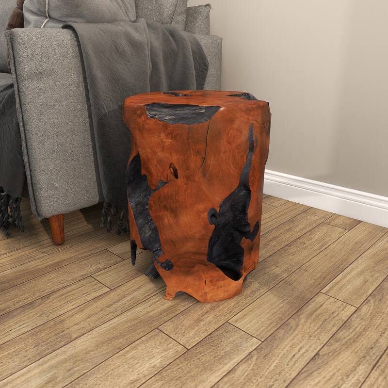 Brown Teak Wood Handmade Live Edge Stump Accent Table with Charred Detailing