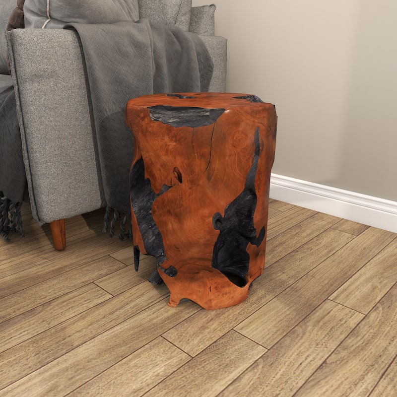 Teak Wood Handmade Live Edge Stump Side End Accent Table with Charred Detailing - Brown - Roche River Decor