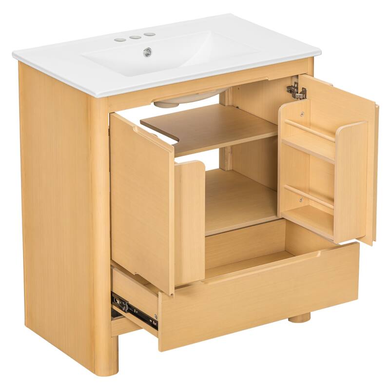 30"Softened Modern Bathroom Vanity with Ceramic Sink, Solid Wood Frame, Soft-Close Doors & Drawer, Adjustable Shelf