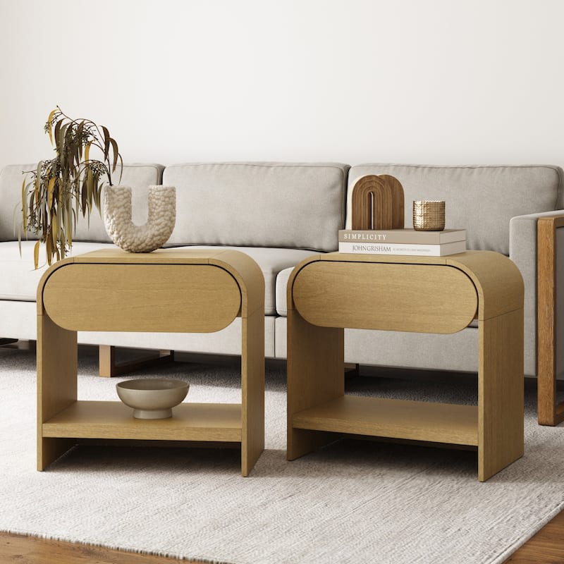 Iris Mid-Century Modern Nightstand with Drawer, Wooden Bedside Table for Bedroom or Living Room with Rounded Silhouette - Light Brown Set of 2