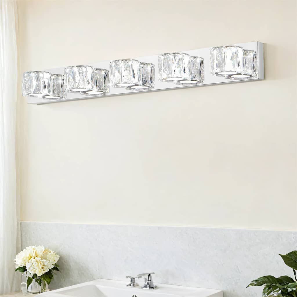 35" Modern Crystal 5-Light LED Wall Sconce,Elegant Chrome Bathroom Vanity Light with Clear Crystal Shades