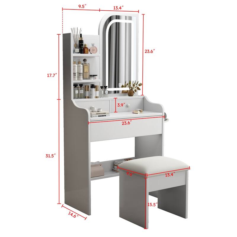 Vanity Set with Mirror and 3 Color Lights,Hair Dryer Holder and Chair