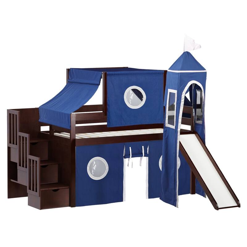JACKPOT Prince & Princess Low Loft Twin Bed, Stairs Slide Tent & Tower