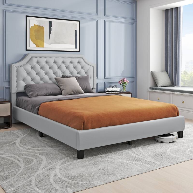 Moasis Linen Upholstered Platform Bed Velvet Bed Frame with Adjustable Headboard - Grey - Queen