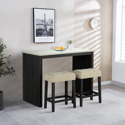 Black Bar Height Kitchen Table Set with 2 Upholstered Stools Chairs - 47.25 in. D x 22 in. W x 36 in. H