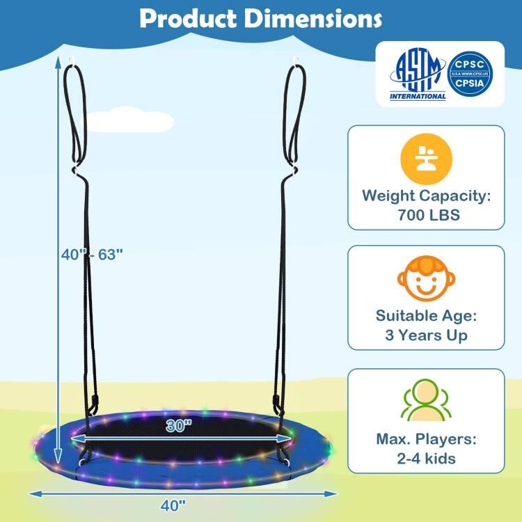 40 Inches Saucer Tree Swing Round with Lights for Kids and Adults-Blue - Multi