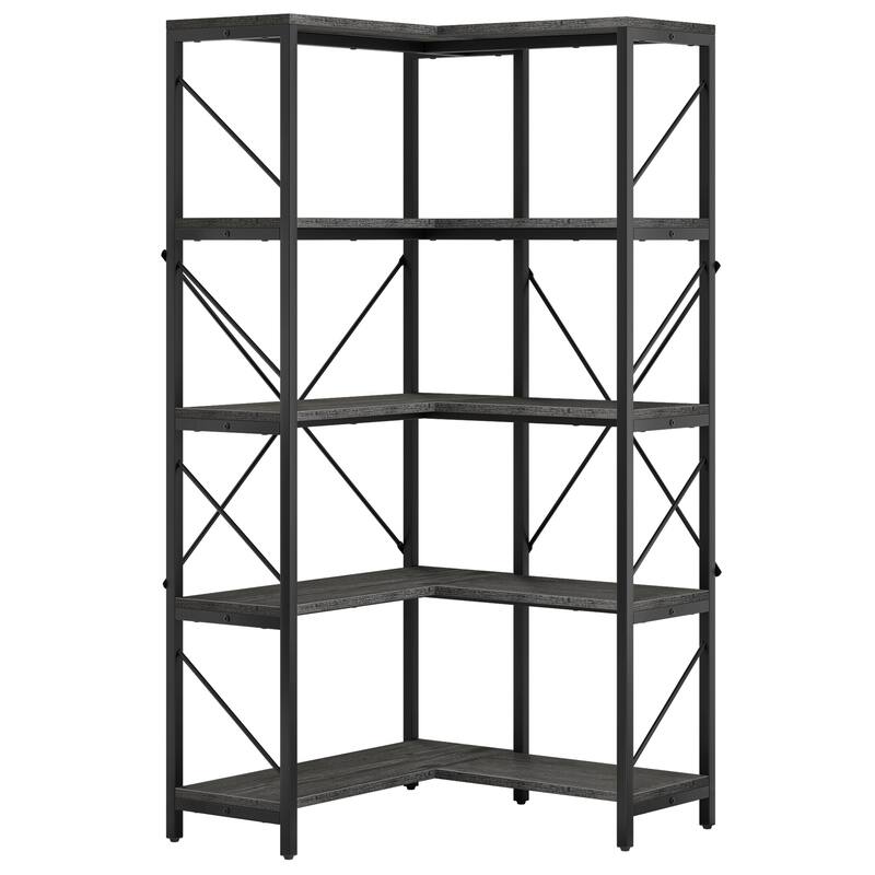 Moasis 65.9-Inch Corner Bookshelf 5-Tier Industrial Display Bookcase - Grey/Black