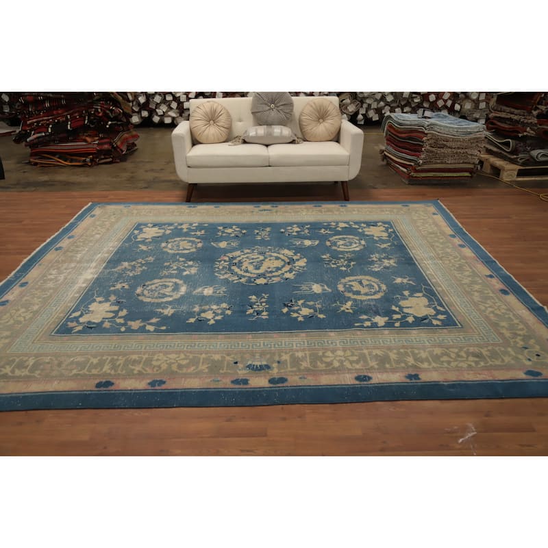 Hand Knotted Oriental 100% Wool Carpet Traditional Medallion Navy Blue & Blues Art Deco Area Rug - 10' 0'' X 8' 10''