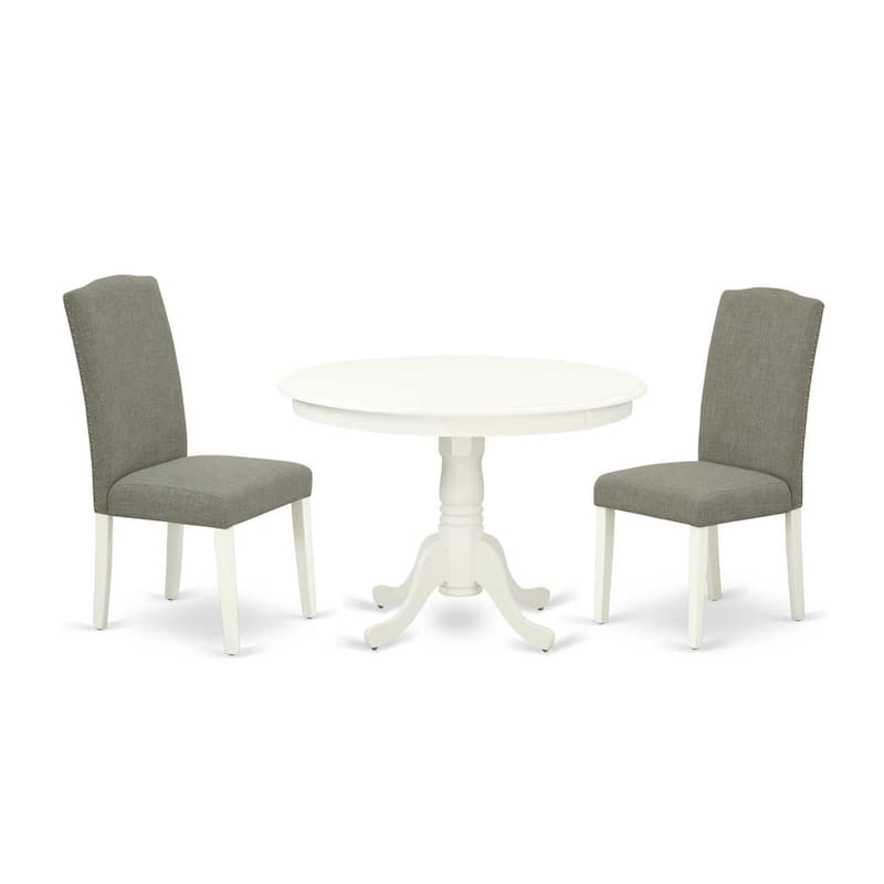 Round Dining Table Set 3pc - 42 Inch Table & 2 Parsons Chairs - Linen White Legs - Dark Shitake Fabric