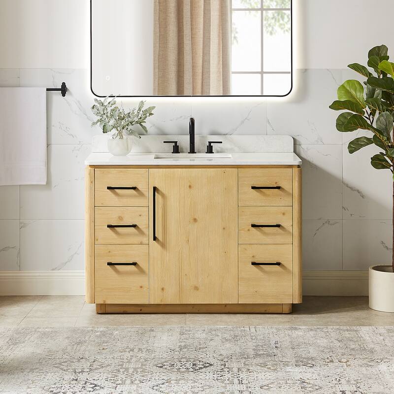 Serene Bathroom Vanity in Nature Brown with Grain White Engineered Stone Countertop with Mirror - 48 inch