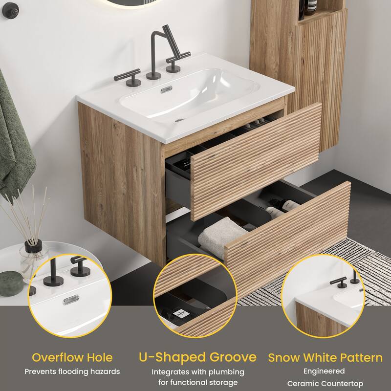 GDFStudio - Gloria Modern Wall-Mounted Floating Bathroom Vanity with Integrated Ceramic Basin & Soft-Close Drawers