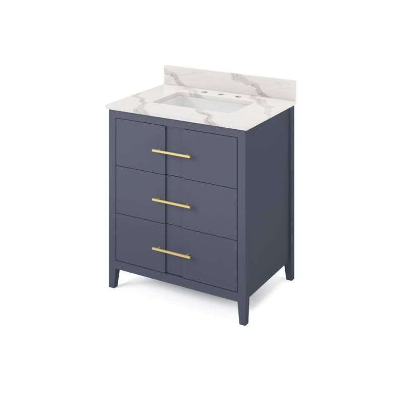 Jeffrey Alexander VKITKAT30R-QUARTZ Katara 30" Free Standing Vanity - Blue Steel / Calacatta Vienna