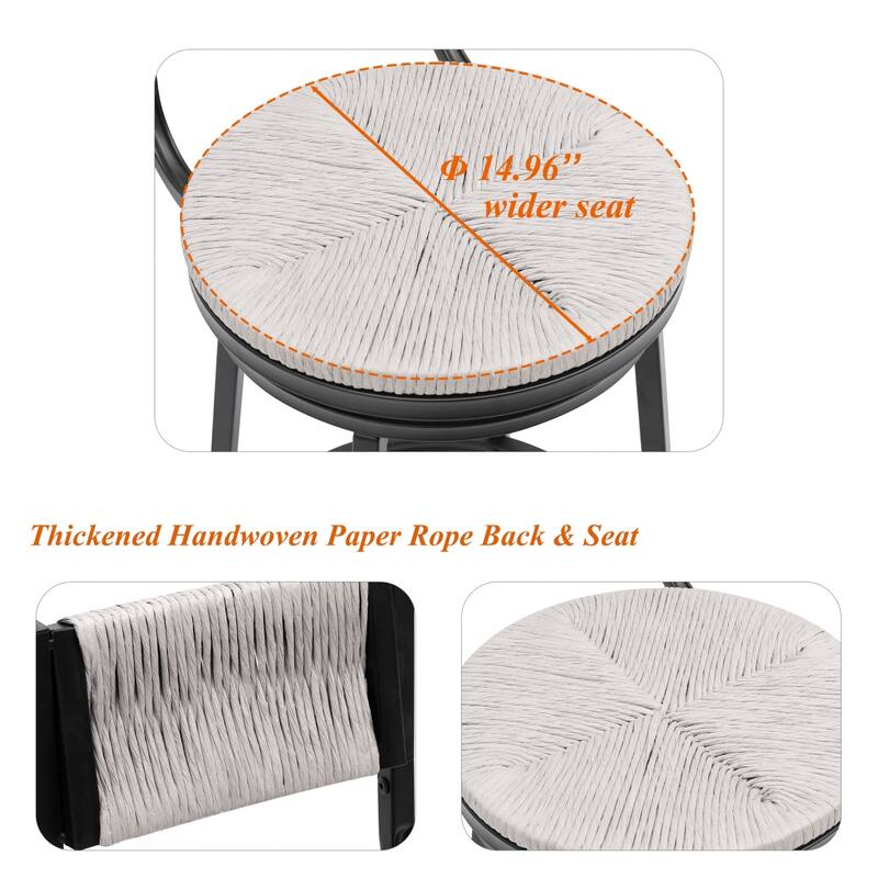 Swivel Counter Height Bar Stools Set of 2, Bar Height Stools, Paper Rope Woven Bar Stools, Farmhouse Island Chair w/ Metal Frame