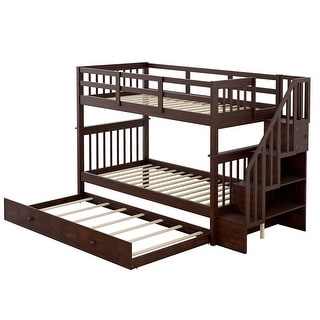 Functional Design Wood Bunk Bed with Trundle, Storage Staircases and Guardrails for Safety Guaranteed