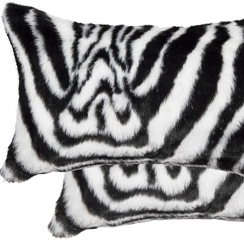 HomeRoots Set of Two 12" X 20" Black and White Faux Fur Throw Pillow
