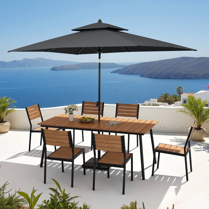 9PC Outdoor Patio Dining Set Aluminum Table with Stackable Chairs w/ Premium Market Umbrella Sets - BrownTable&BrownChairs&BlackUmbrella