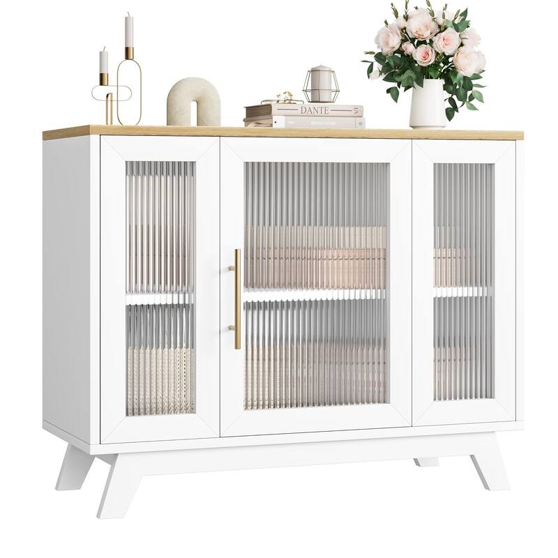 Buffet Storage Cabinet with Fluted Glass Door - White+Brown