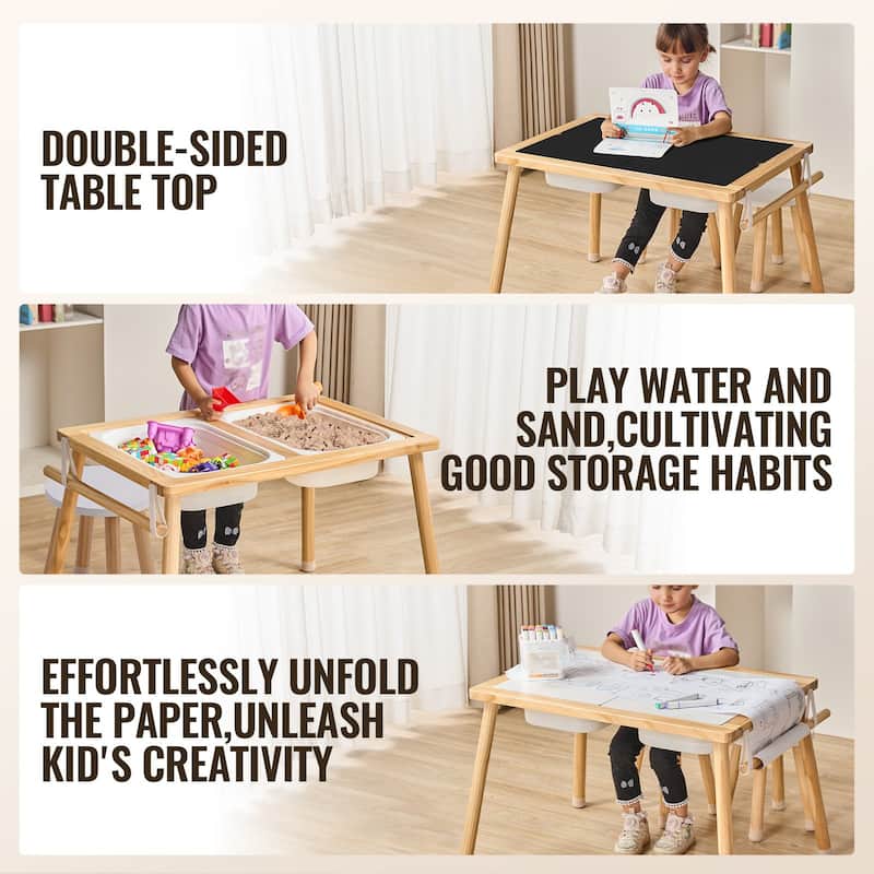 Natural Wood Pine Sensory Table Set with Stools & Storage Bins - 32.1" x 23.6" x 19.9"