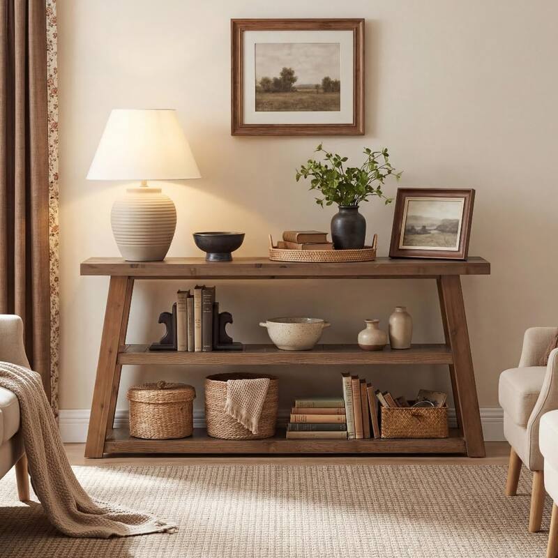 62.99" Solid Wood Console Table, 3-Tier Farmhouse Entryway Table