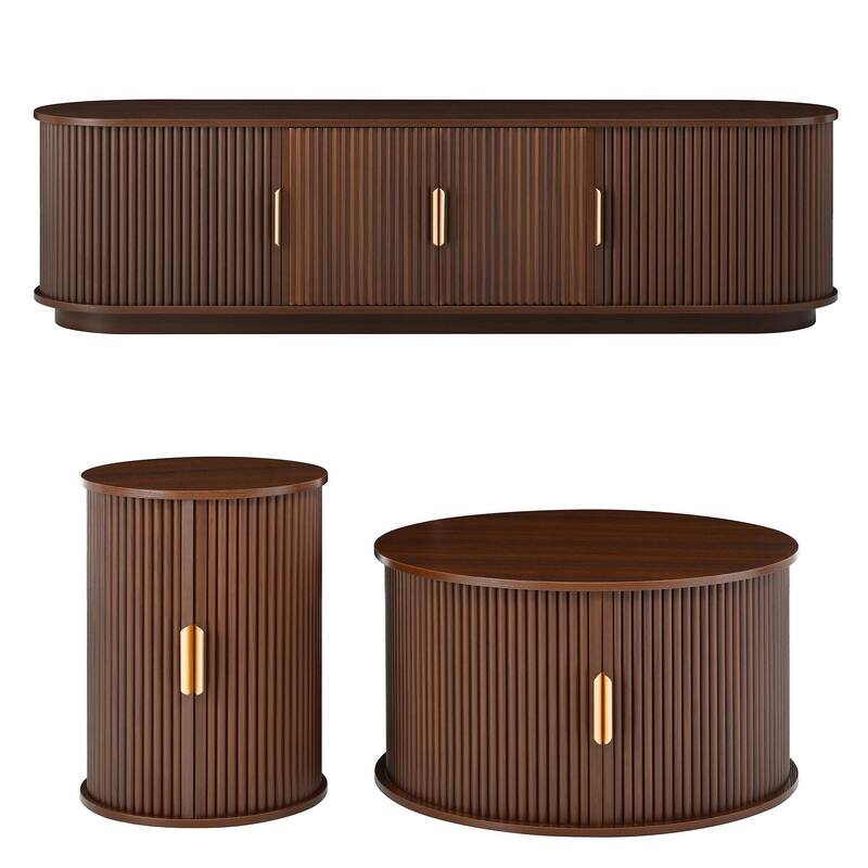 Fluted Sliding Door TV Stand & Coffee Table Set, Wooden Media Cabinet TV Console for TVs up to 75", 3-Piece Living Room Set