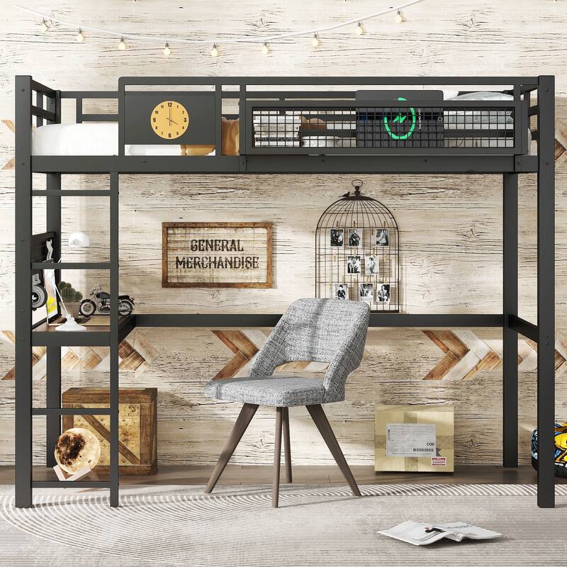 Metal Loft Bed with Desk & Storage Basket, Includes Alarm Clock & Charging Port, Queen/Full/Twin XL