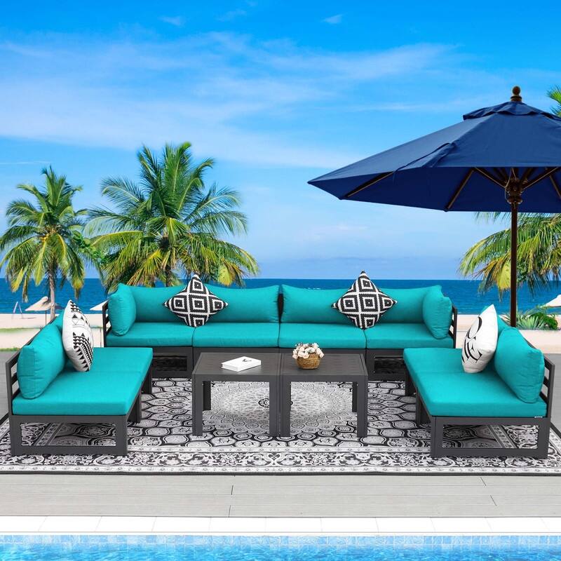 FINCATI Aluminum Outdoor Patio Furniture Conversation Sectional Sofa Set - 10 Pieces/Sectional - Teal