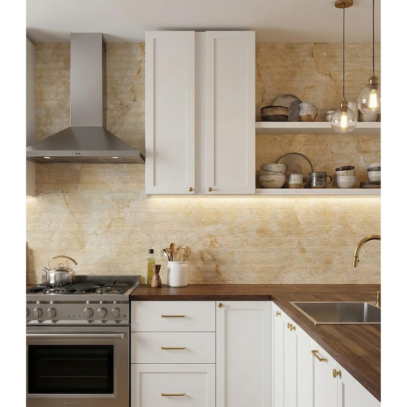 Roomfitters Natural Marble Tile, FS Textured 3D Fluted Stone for Wall, Genuine Marble, 4-Piece Box, Gold Yellow Beige