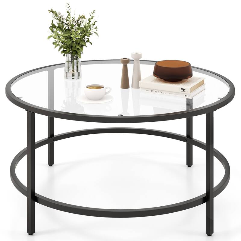Tempered Glass Round Coffee Table with Metal Frame and 110 lbs Capacity - 35.5" x 35.5" x 18"