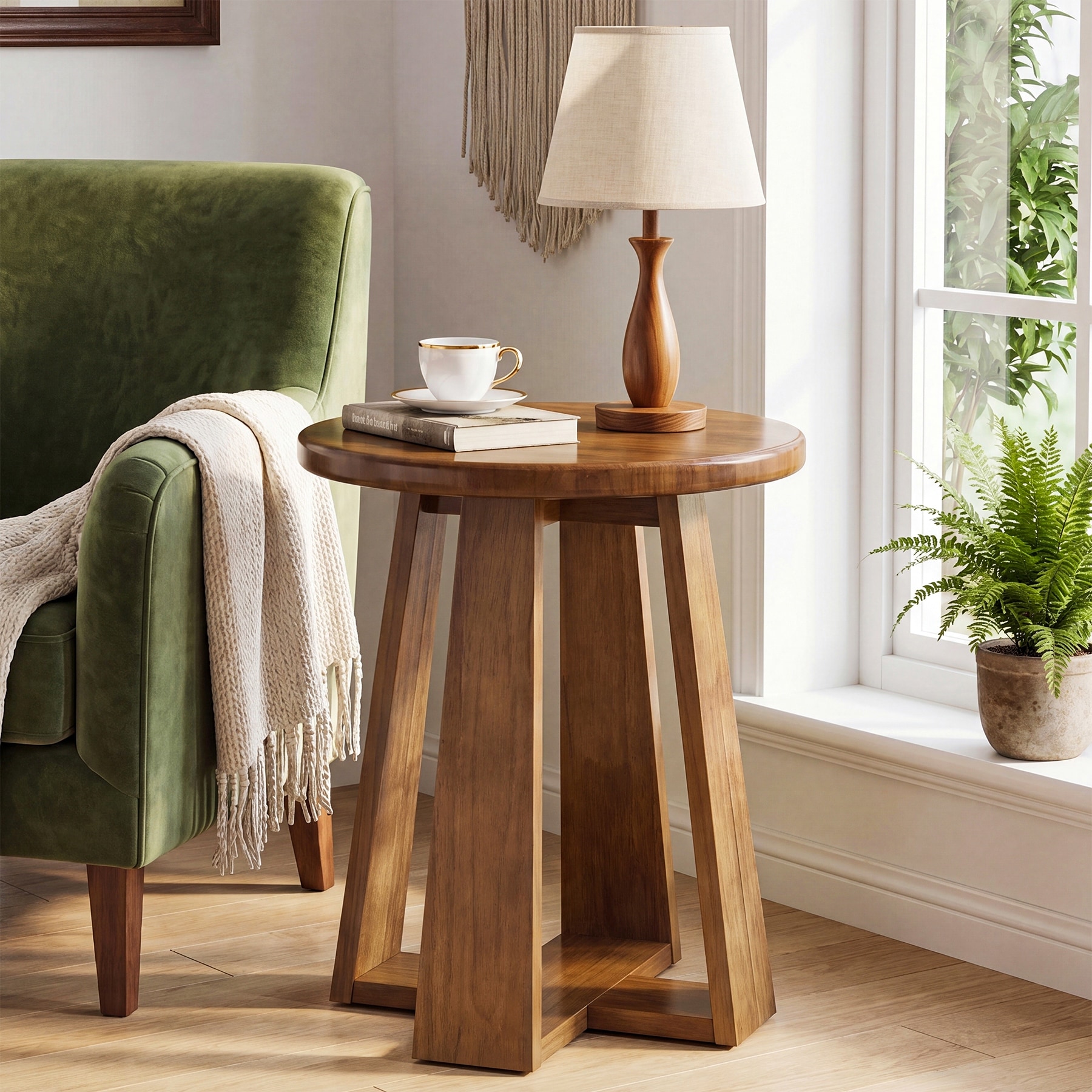 Small Round Solid Wood Side Table, Industrial End Table with Geometric Base Accent Table for Home Decor