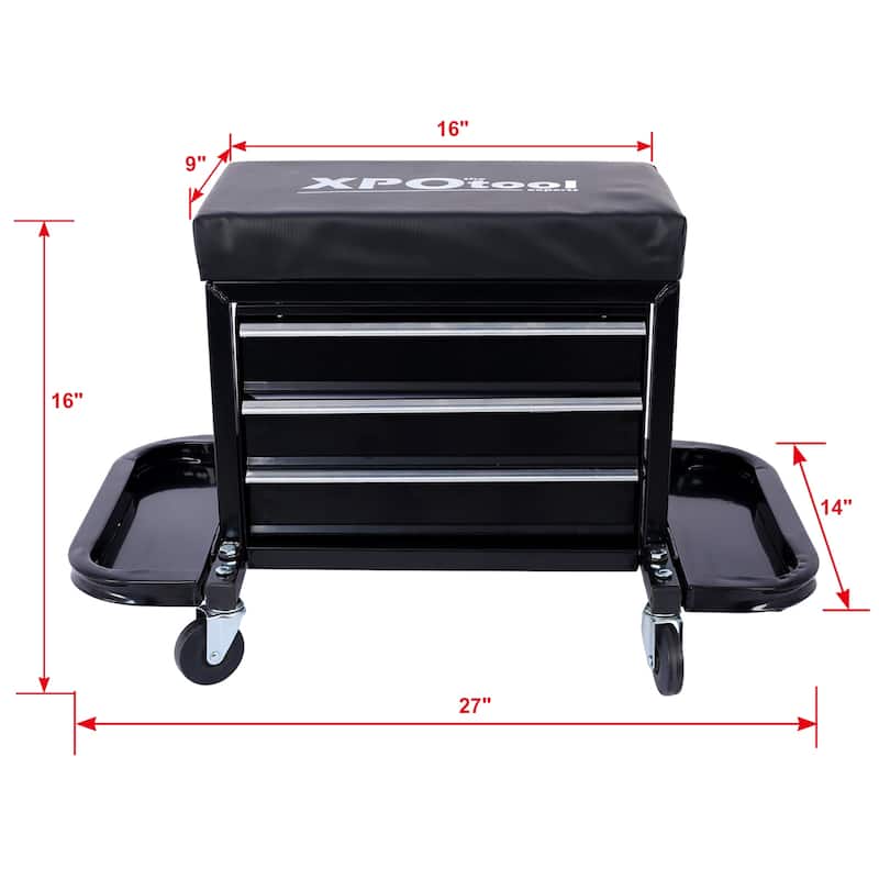 3-Drawer Rolling Tool Chest Seat With Side Trays, 350LBS Capacity - 27“Lx14”Wx16“H
