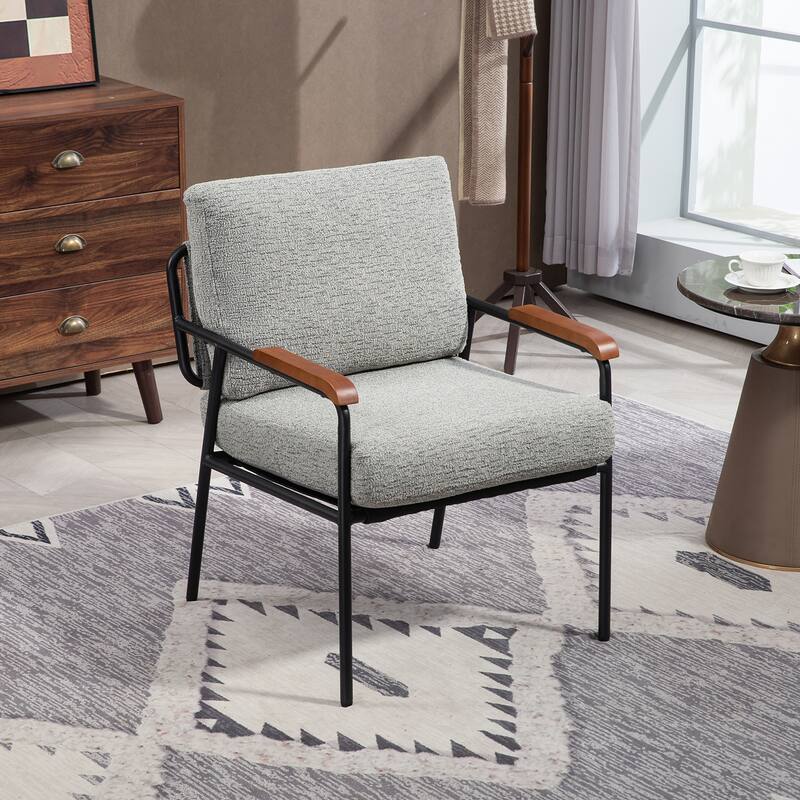 Modern Accent Chair with Natural Wood Armrests and Metal Frame, Upholstered Seat and Backrest, Comfortable Lounge Chair - Grey