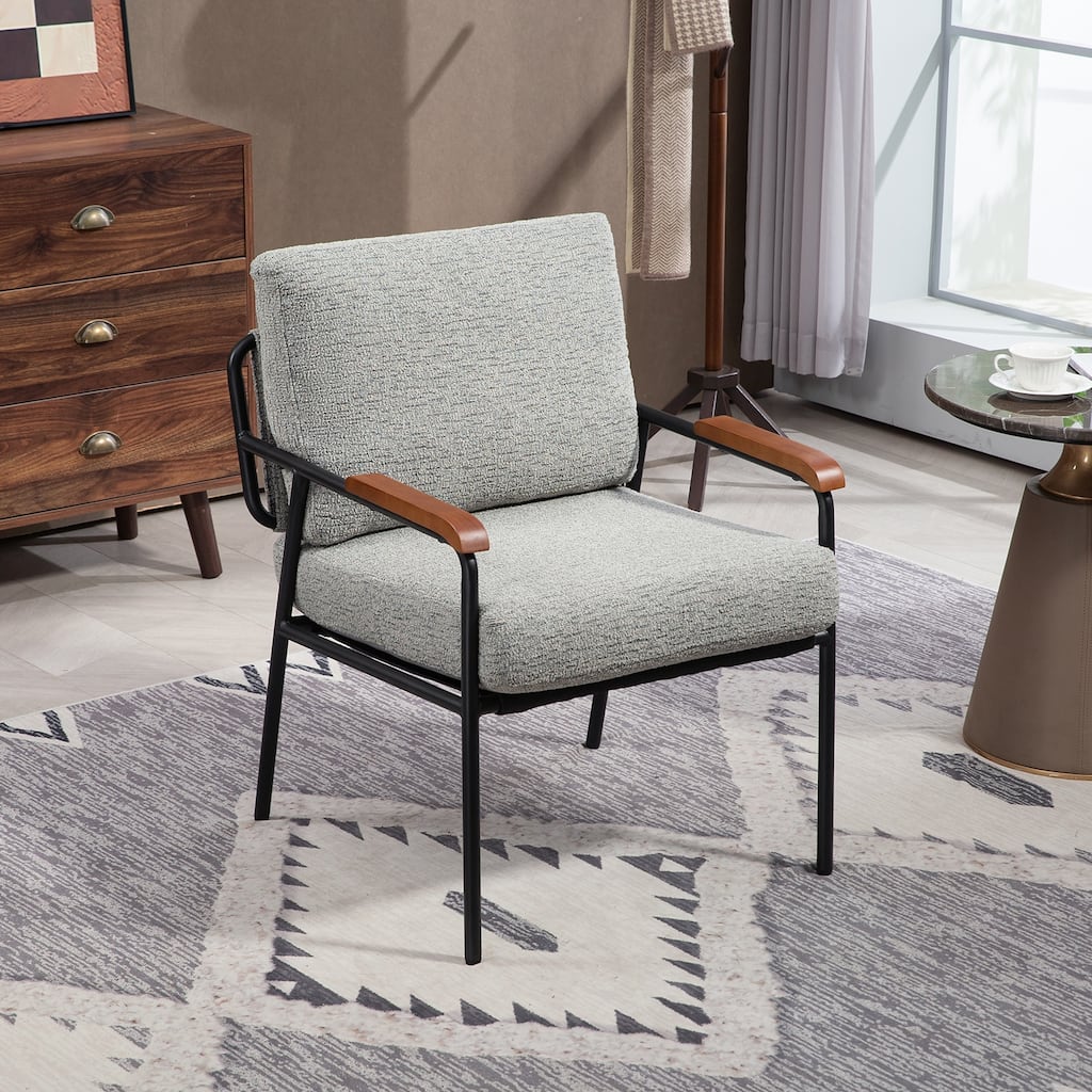 Small Upholstered Accent Chair, Ergonomic Living Room Chair, Lounge Reading Chair with Wooden Armrests & Backrest